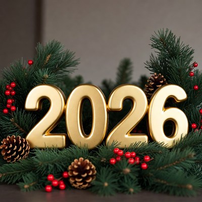 Golden 2026 Surrounded by Christmas Greenery