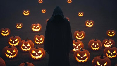 Hooded Figure Among Jack-o-Lanterns