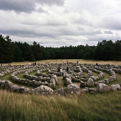 Stone Labyrinth with Visitors in Forest
