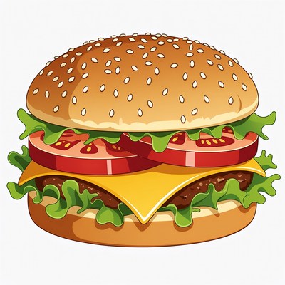 Illustrated Cheeseburger with Lettuce and Tomato