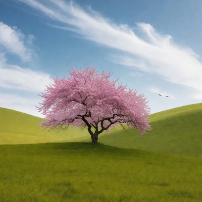 Pink Cherry Blossom Tree on Green Hills