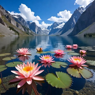 Pink Lotus Flowers in Mountain Lake