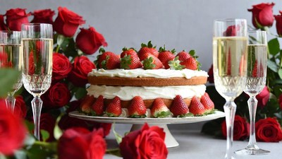 Strawberry Cake with Champagne and Roses