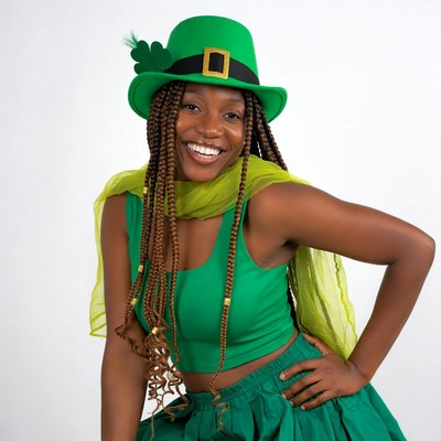 African-American woman in green leprechaun hat