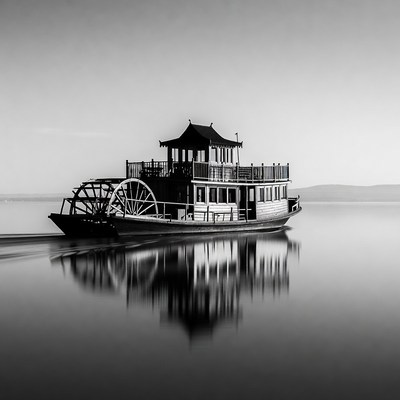 Black and White Paddle Wheel Boat Reflection
