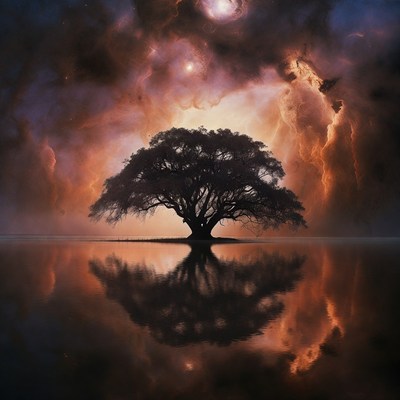 Ancient Tree in Cosmic Storm Reflection