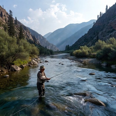 Man fly fishing in mountain river