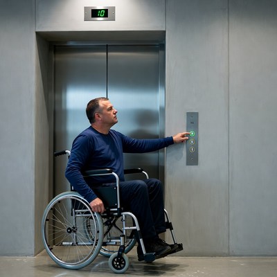 Man in wheelchair pressing elevator button