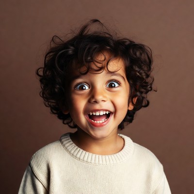 Curly-haired boy smiling happily