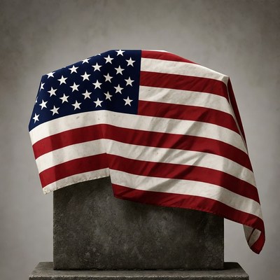 American Flag Draped on Stone Pedestal