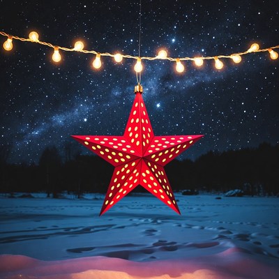 Red Star Ornament Hanging Snowy Night