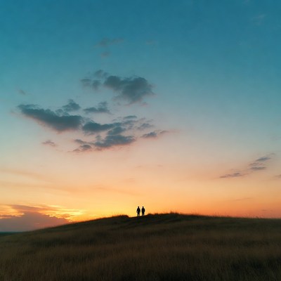 Silhouette couple watching sunset on hill