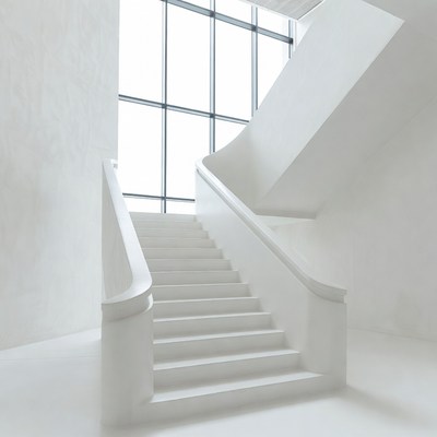 White spiral staircase with large windows