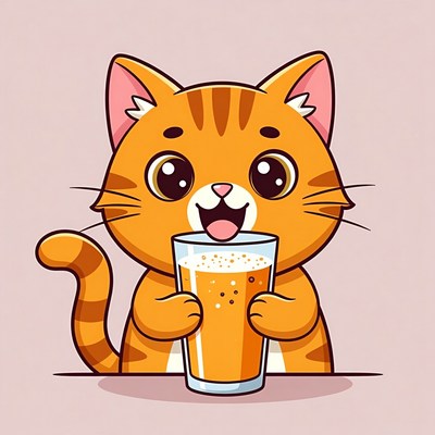 Cartoon orange cat drinking juice