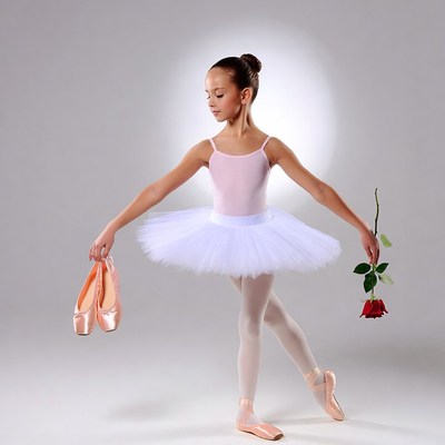 Ballerina girl holding rose and pointe shoes