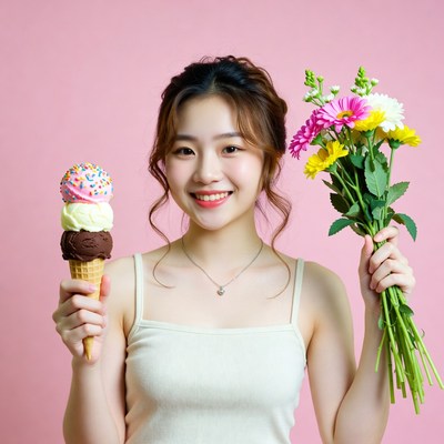 Asian woman holding ice cream and flowers