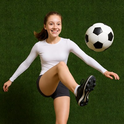Girl kicking soccer ball on grass