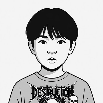 Asian boy in Destruction t-shirt