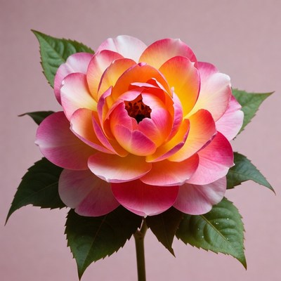 Pink and Orange Rose with Leaves