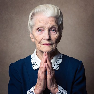 Elderly woman praying with hands clasped