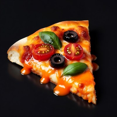Pizza Slice with Tomatoes Olives Basil