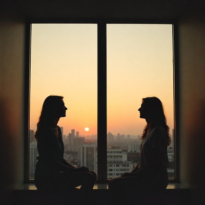 Two women silhouetted by sunset cityscape