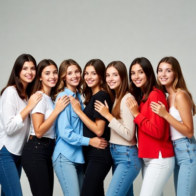 Group of smiling young women hugging