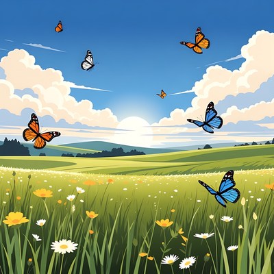 Colorful Butterflies Flying Over Flower Field