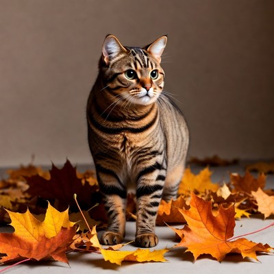 Tabby Cat in Autumn Leaves