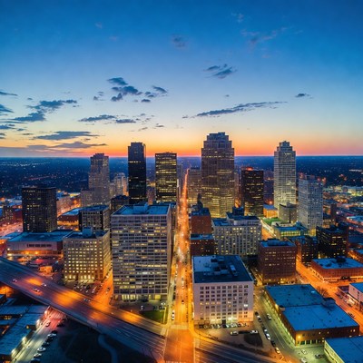 City skyline at sunset