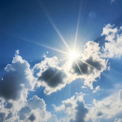 Bright Sun Burst in Blue Sky with Clouds
