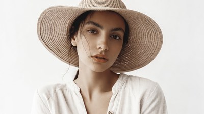 Woman wearing wide-brim straw hat