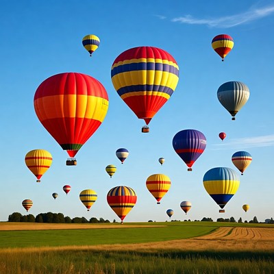Colorful Hot Air Balloons Over Green Fields