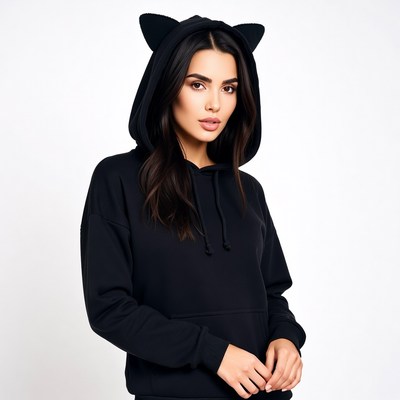 Woman in black cat ear hoodie