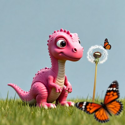 Cute pink dinosaur with dandelion