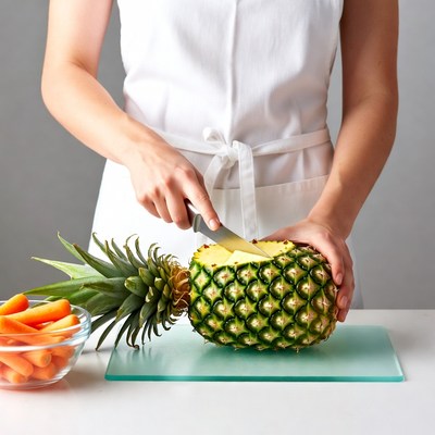 Woman cutting pineapple in chef uniform