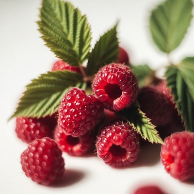 Fresh Raspberries with Green Leaves