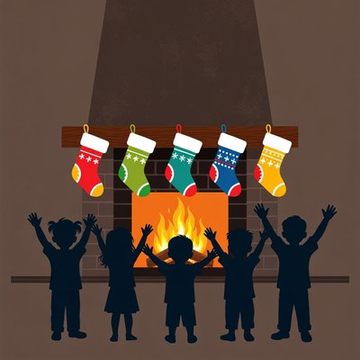 Children Excited by Fireplace with Stockings