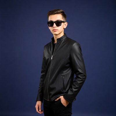 Young man in black leather jacket
