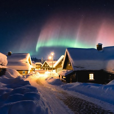Aurora Borealis over Snowy Village