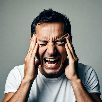 Man screaming with hands on face