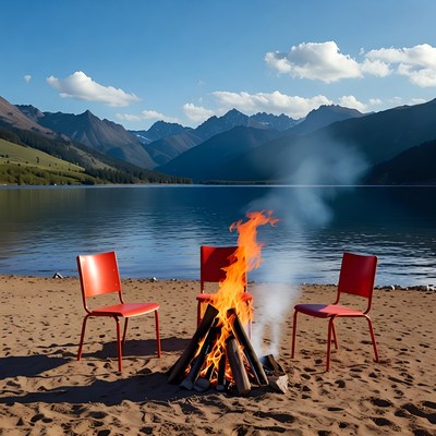 Red Chairs Around Campfire by Lake