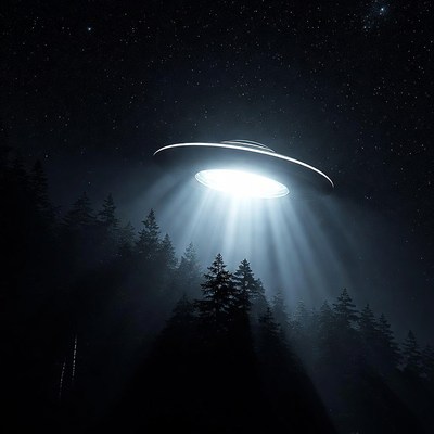 UFO beaming light over forest