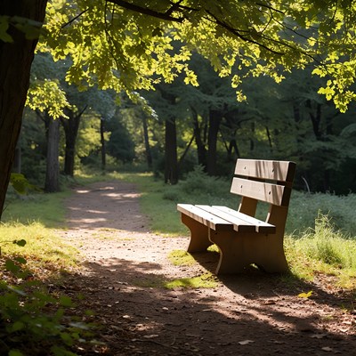 Wooden bench on forest path