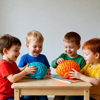 Boys playing with colorful brain toys