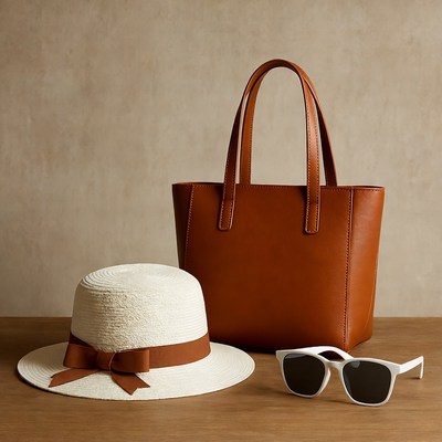 White Straw Hat Brown Handbag Sunglasses