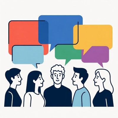 Diverse group discussing with speech bubbles