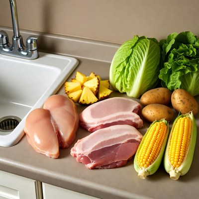 Raw Chicken Pork Vegetables on Kitchen Counter