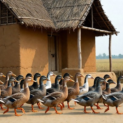 Ducks walking near thatched mud house