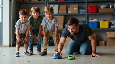 Father playing toy cars with three boys
